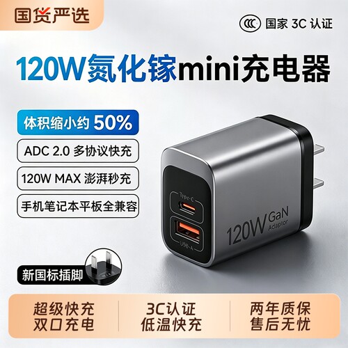 氮化镓65W充电器双口120W双口适用华为小米vivo荣耀苹果iqoo安卓usb接口办公多功能通用笔记本快充