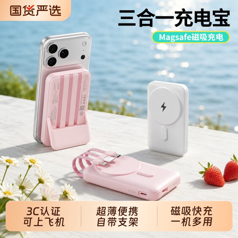 楚艾新款三合一带支架磁吸快充移动电源超薄大容量自带线插头3C认证可上飞机适用苹果安卓便携无线充电宝