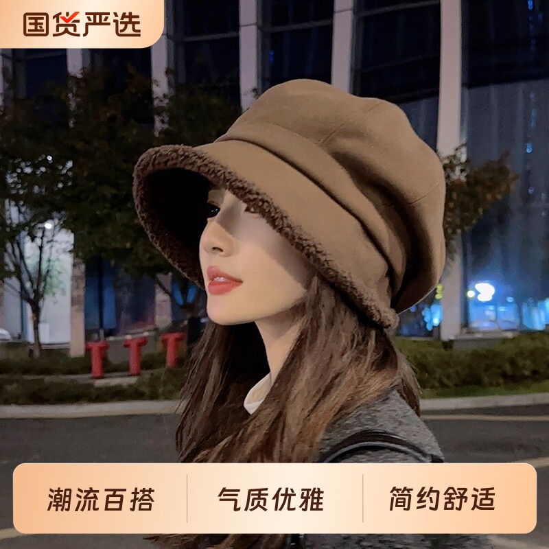 大头围大码帽子女秋冬天堆堆帽防寒加绒八角帽百搭羊羔毛渔夫帽女