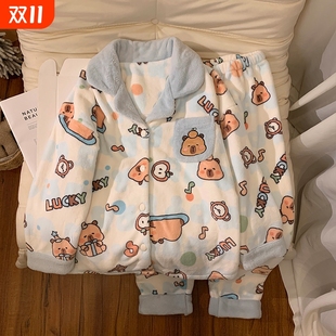 睡衣女法兰绒冬天珊瑚绒加绒加厚家居服保暖套装 新款 卡皮巴拉冬季