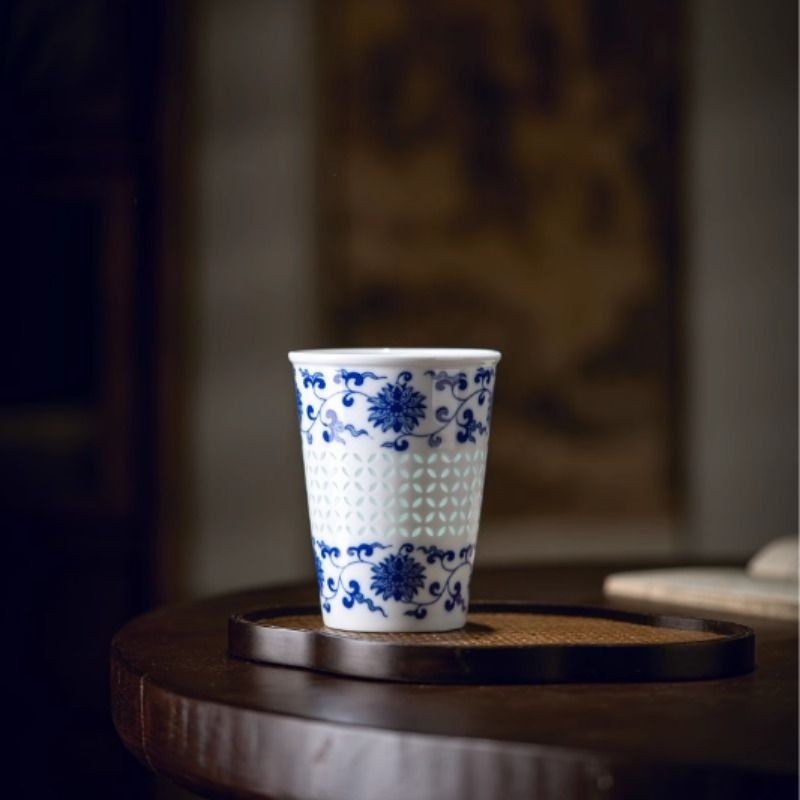 景德镇官方陶瓷富玉陶瓷缠枝莲可乐杯高端精品品茗杯青花