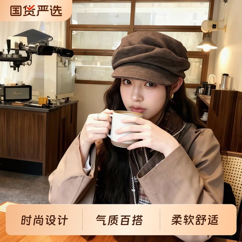 日系山本风黑色褶皱贝雷帽女秋冬显脸小报童帽大头围百搭画家帽子