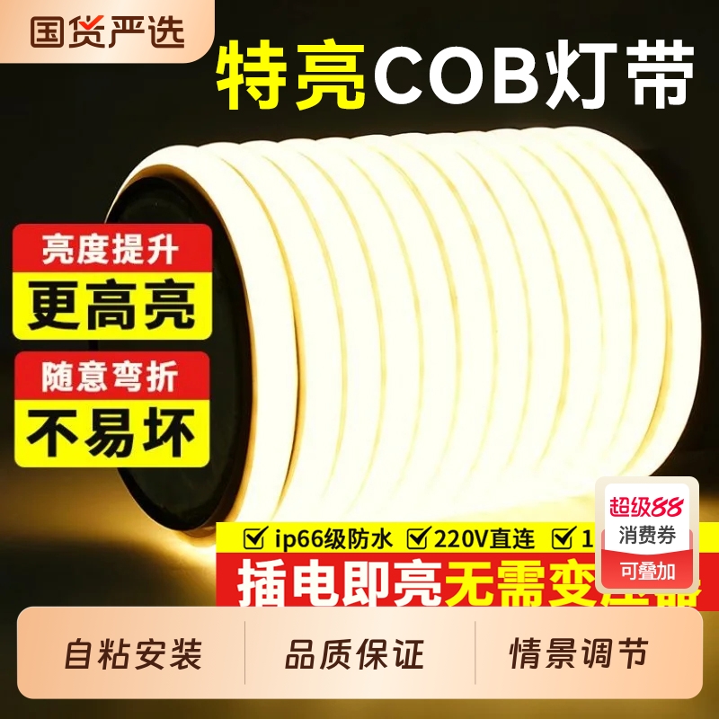鼎雁led灯带220v户外防水超亮自粘线形灯家用客厅吊顶cob软灯条