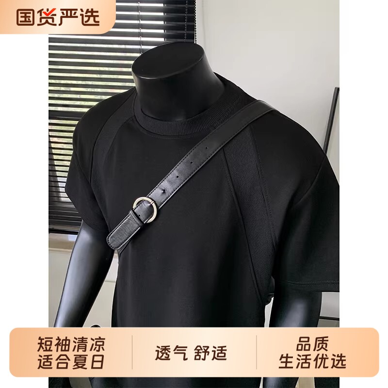 美式短宽版型正肩t恤短袖男夏季重磅弹力修身小领口体恤上衣