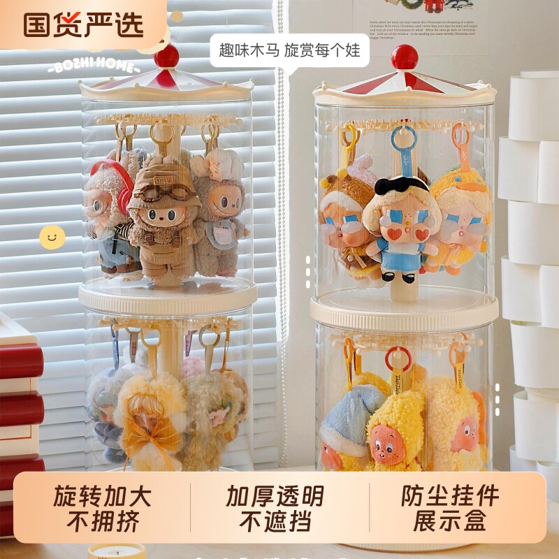 拉布布展示盒收纳盒搪胶娃娃旋转labubu挂件透明玩偶展示架展示
