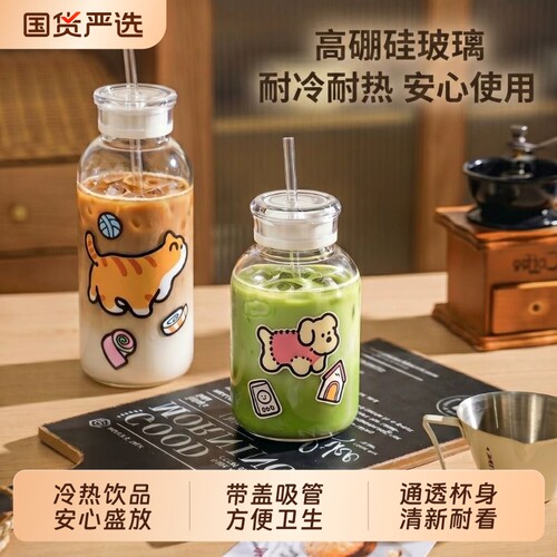 简约ins风高颜值杯子玻璃杯高硼硅水杯高级感带吸管冷热饮通用