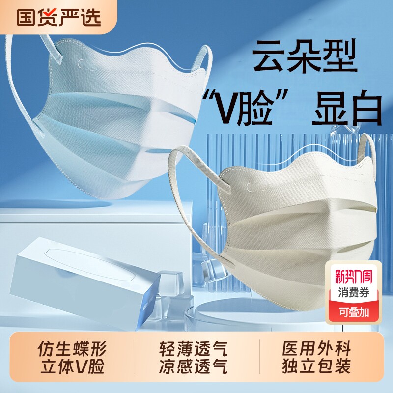 医疗口罩一次性蝶形医用外科正品冬季女高颜值波浪护眼角立体花粉