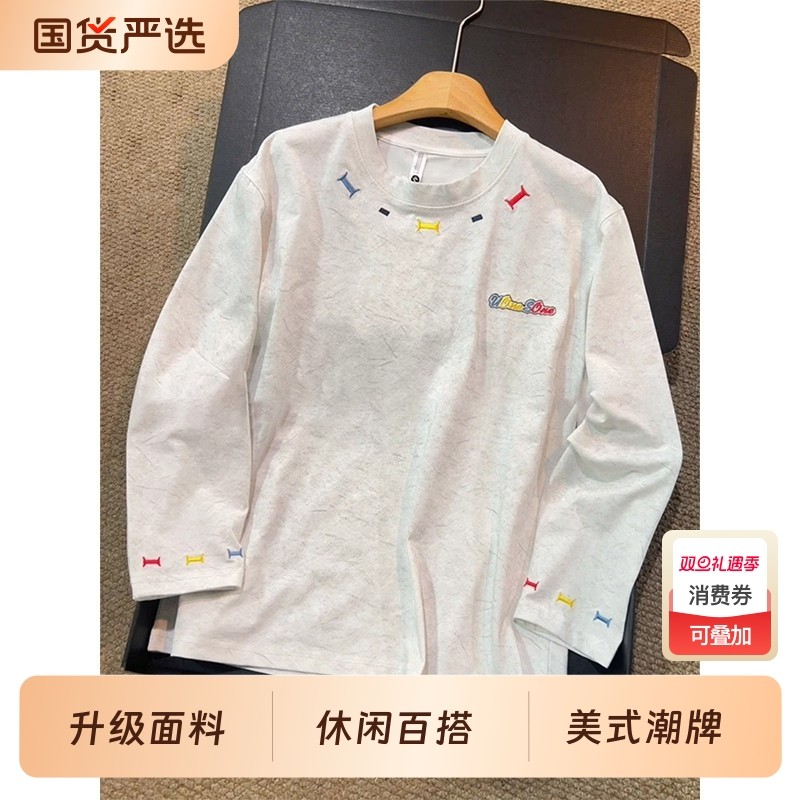 cleanfi刺绣圆领长袖t恤男秋季美式正肩潮牌打底卫衣上衣宽松
