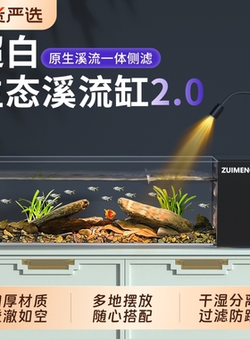 溪流缸干湿分离鱼缸带盖防跳高清透明生态鱼缸侧滤制氧一体式造景