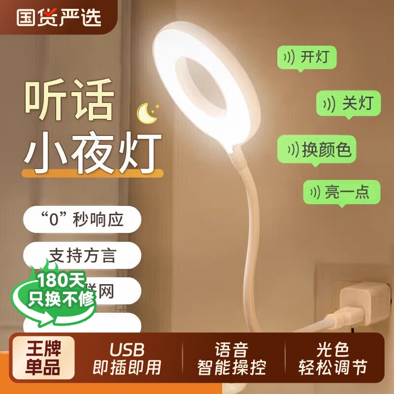 智能语音小夜灯控制灯USB声控灯感应灯led插口小夜灯一体床头灯