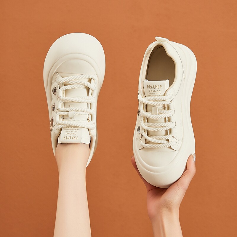 厚底轻便圆头小白鞋女增高6cm系带休闲大头鞋子2025新款春季透