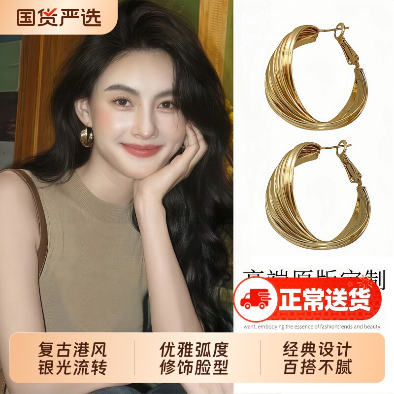 S925纯银针耳环耳圈复古港风2025新款爆款女高级感夸张耳饰金