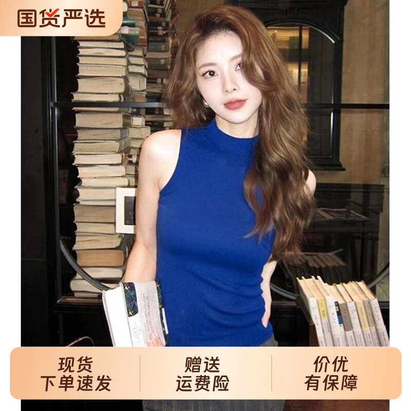克莱因蓝色针织背心女内搭高级感气质半高领无袖打底内搭外穿上衣图片