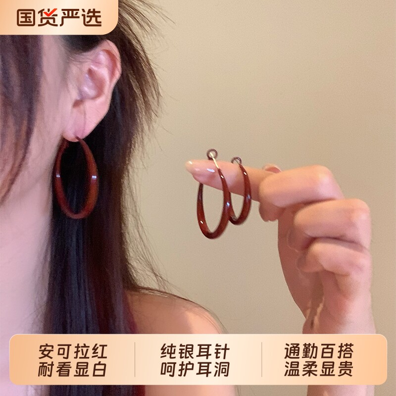 S925纯银针安可拉红圆圈耳环素圈百搭高级感耳钉2026新款爆款