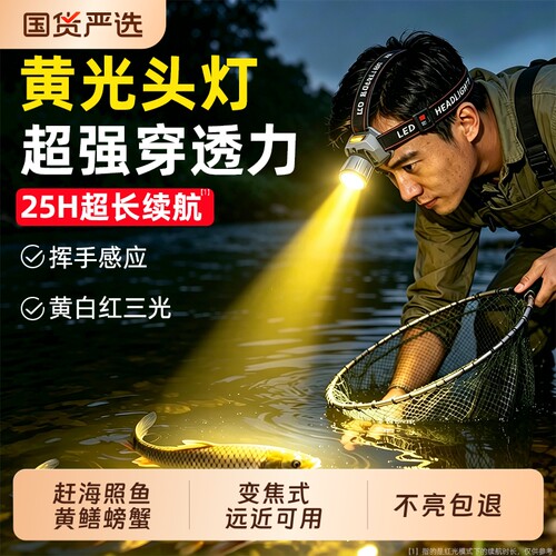 新款微笑鲨黄光头灯强光超亮