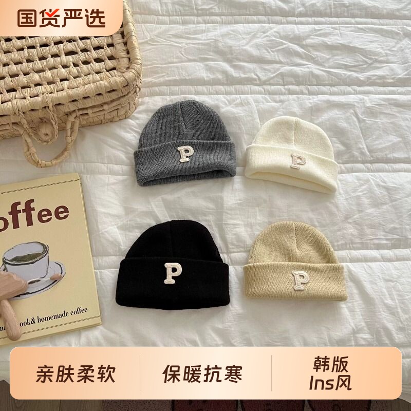 ins韩版简约字母P标婴儿针织毛线套头帽秋冬小宝宝帽子保暖瓜皮帽