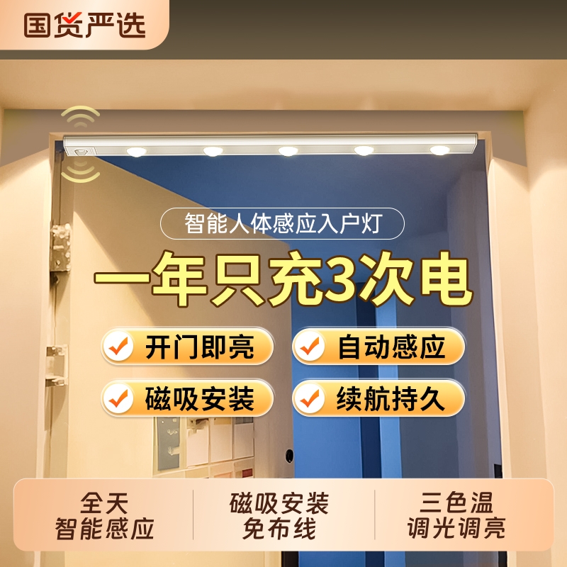 人体感应灯带无线自粘入户门玄关鞋柜进门小山丘充电磁吸led灯条