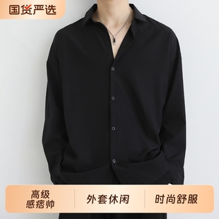 潮高级感痞帅上衣男外套休闲男装 春秋季 内搭白衬衣 男长袖 黑色衬衫