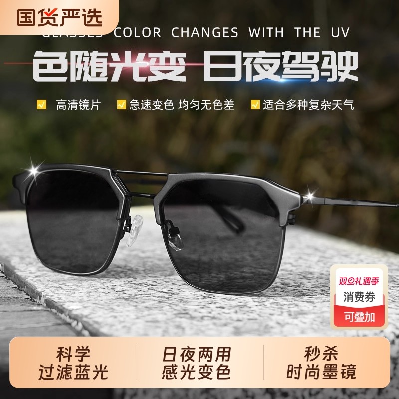 智能自动感光变色近视眼镜男款可配度数防蓝光平光镜潮流半框专业