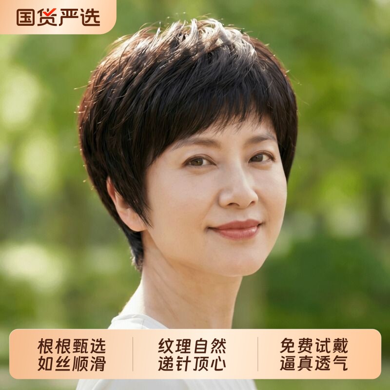 假发全头套女短发日常真人发丝减龄中老年女妈妈款真发自然假发套