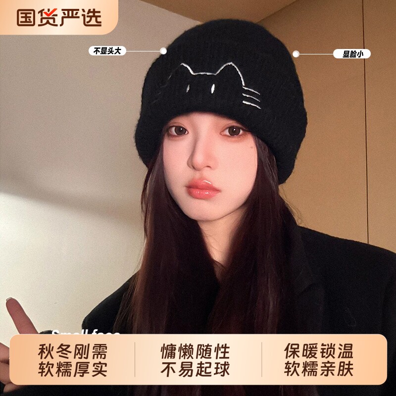 帽子女2026新款毛线帽保暖护耳显脸小针织帽时尚百搭刺绣包头帽潮