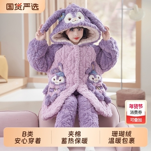 女童睡衣冬季三层夹棉加绒加厚珊瑚绒2025新款儿童女孩家居服冬款