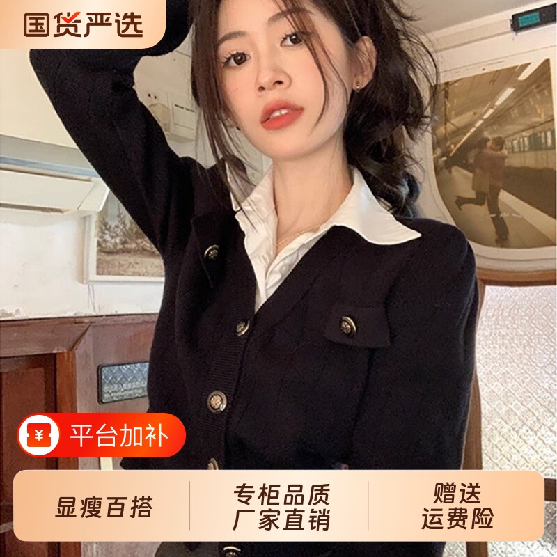 韩衣汐黑色假两件短款针织衫秋季新款polo领修身开衫上衣单穿