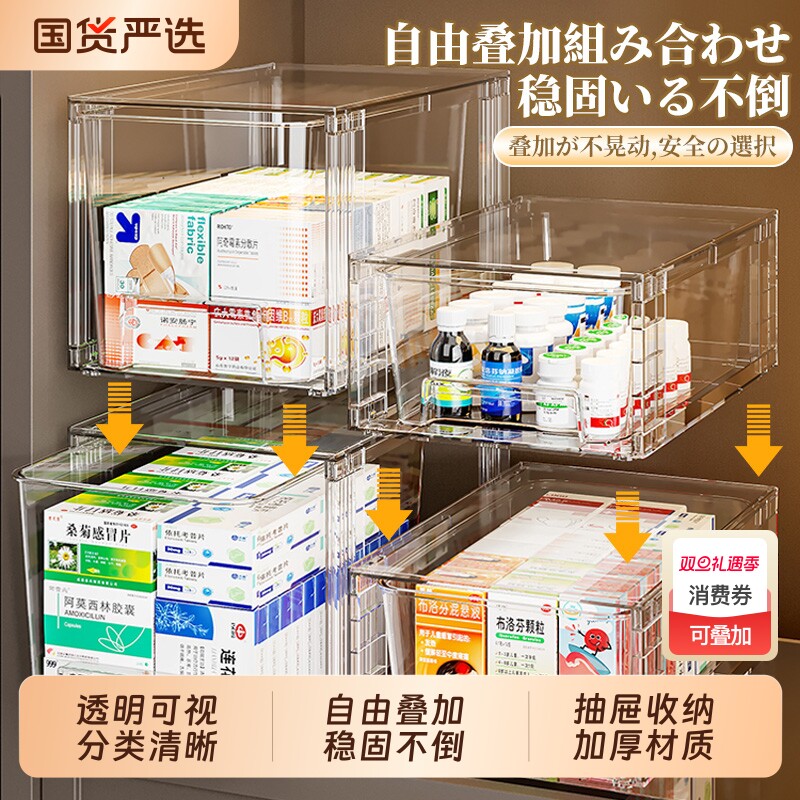 透明药箱药物收纳盒抽屉式药品收纳柜家用置物架医药箱多层家庭装