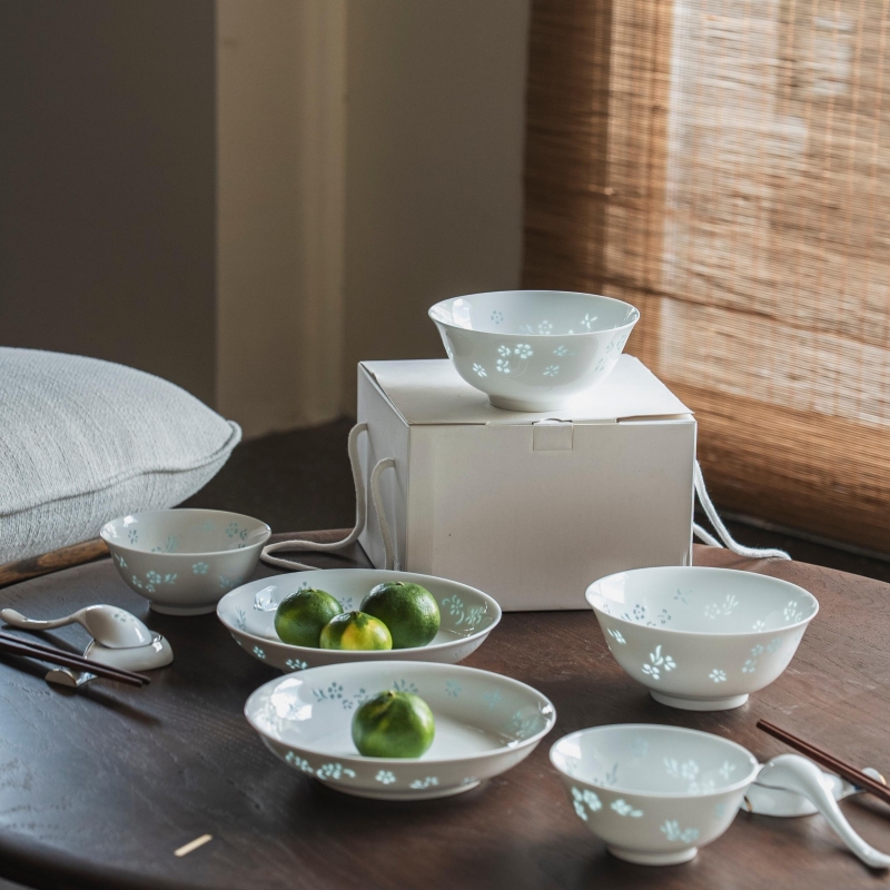 景德镇官方陶瓷玉柏玲珑瓷雀羽餐具套装套组防霉耐高温防滑易清洗
