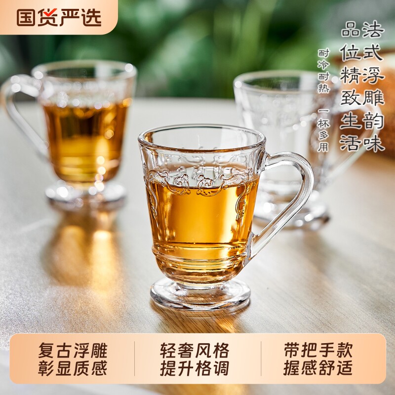 青苹果玻璃杯带把手泡红茶杯咖啡杯马克杯轻奢高档浮雕果汁杯法式图片