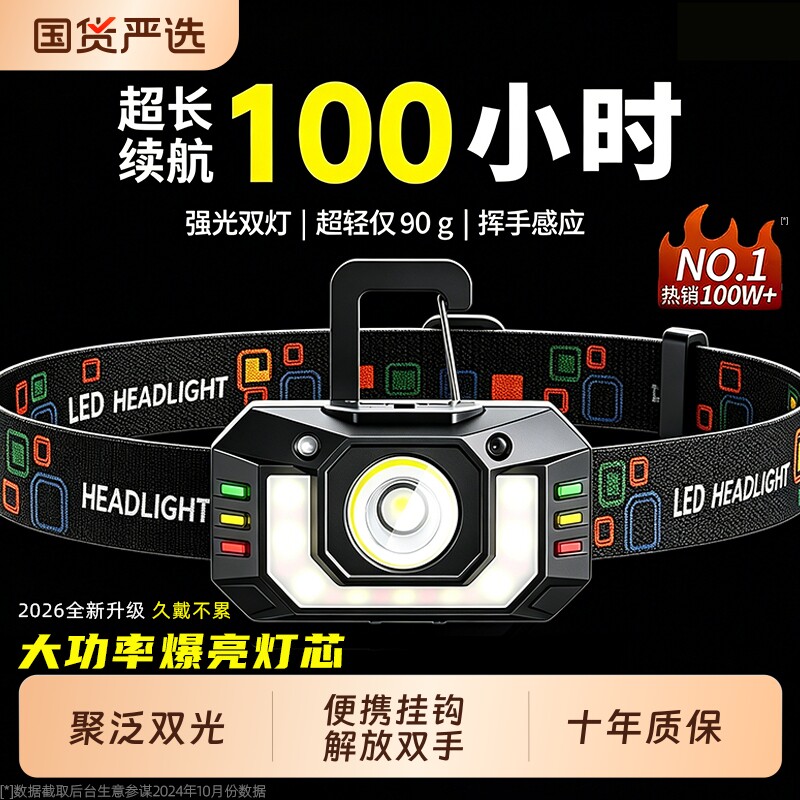 2026新款头灯超长续航100小时强光超亮钓鱼专用户外照明灯头戴