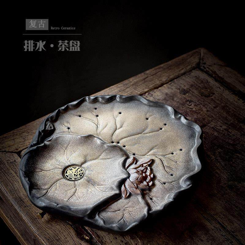 覆古陶瓷茶盘窑变莲花功夫茶盘家用储水式托 托盘圆形沥水盘干泡