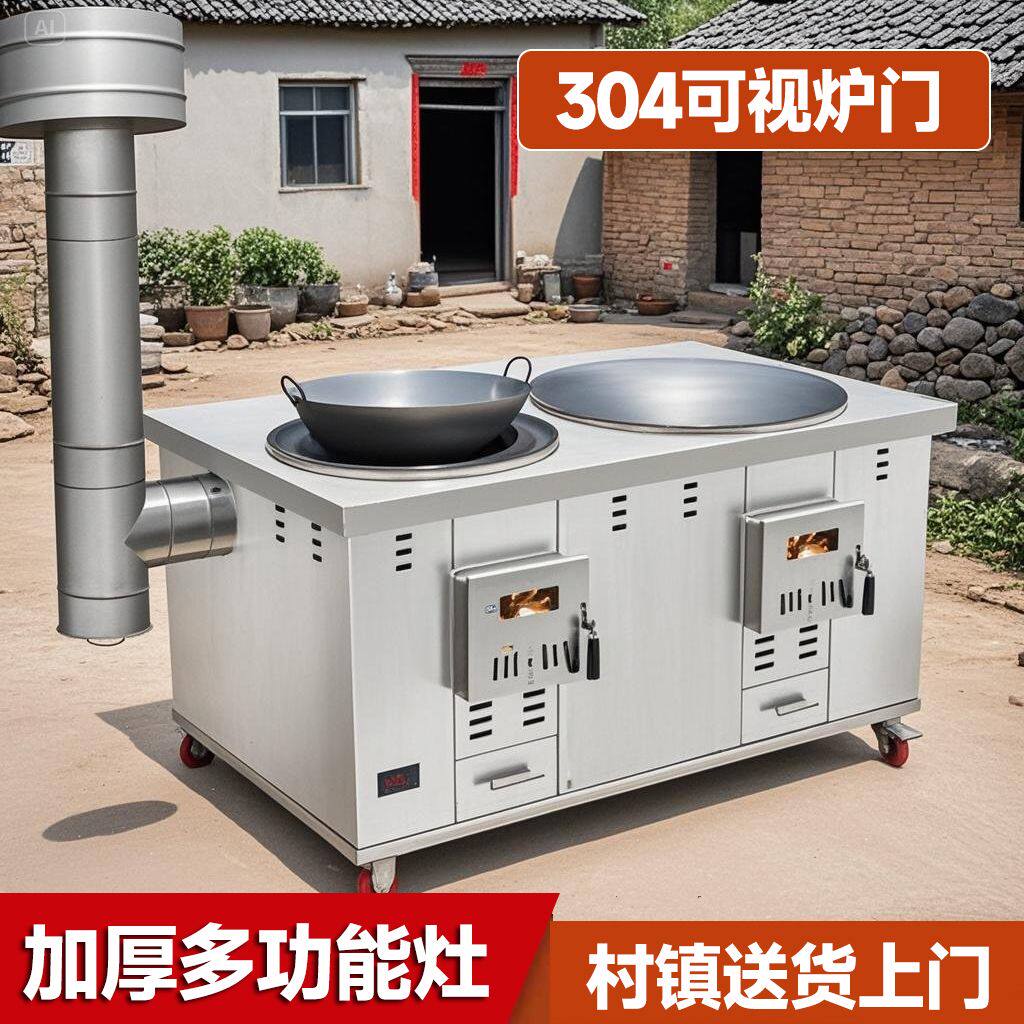 304特厚不锈钢柴火灶农村家用烧木柴移动多功能带锅圈双锅土灶台