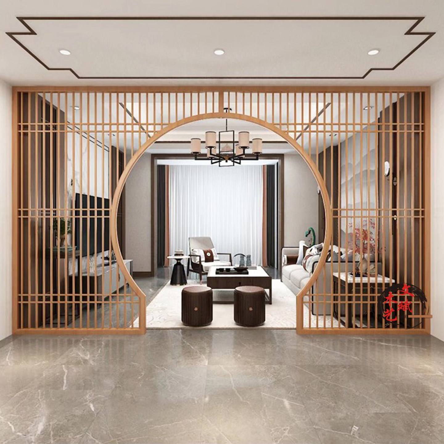 实木花格月洞门新中式客厅月亮门仿古隔断屏风圆形拱门博古架定制
