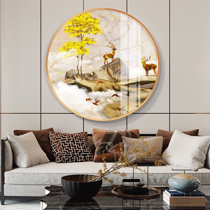 网红入户玄关装饰画客厅走廊过道圆形挂画晶瓷画面麋鹿象走廊尽头