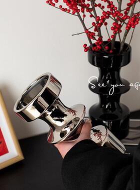 中古花瓶陶瓷黑色高级感创意覆古客厅插花鲜花冬青郁金香餐桌摆件