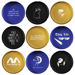 圆形蓝金黑色磨砂金属加厚不锈钢烟灰缸定制LOGO激光刻字Ashtray