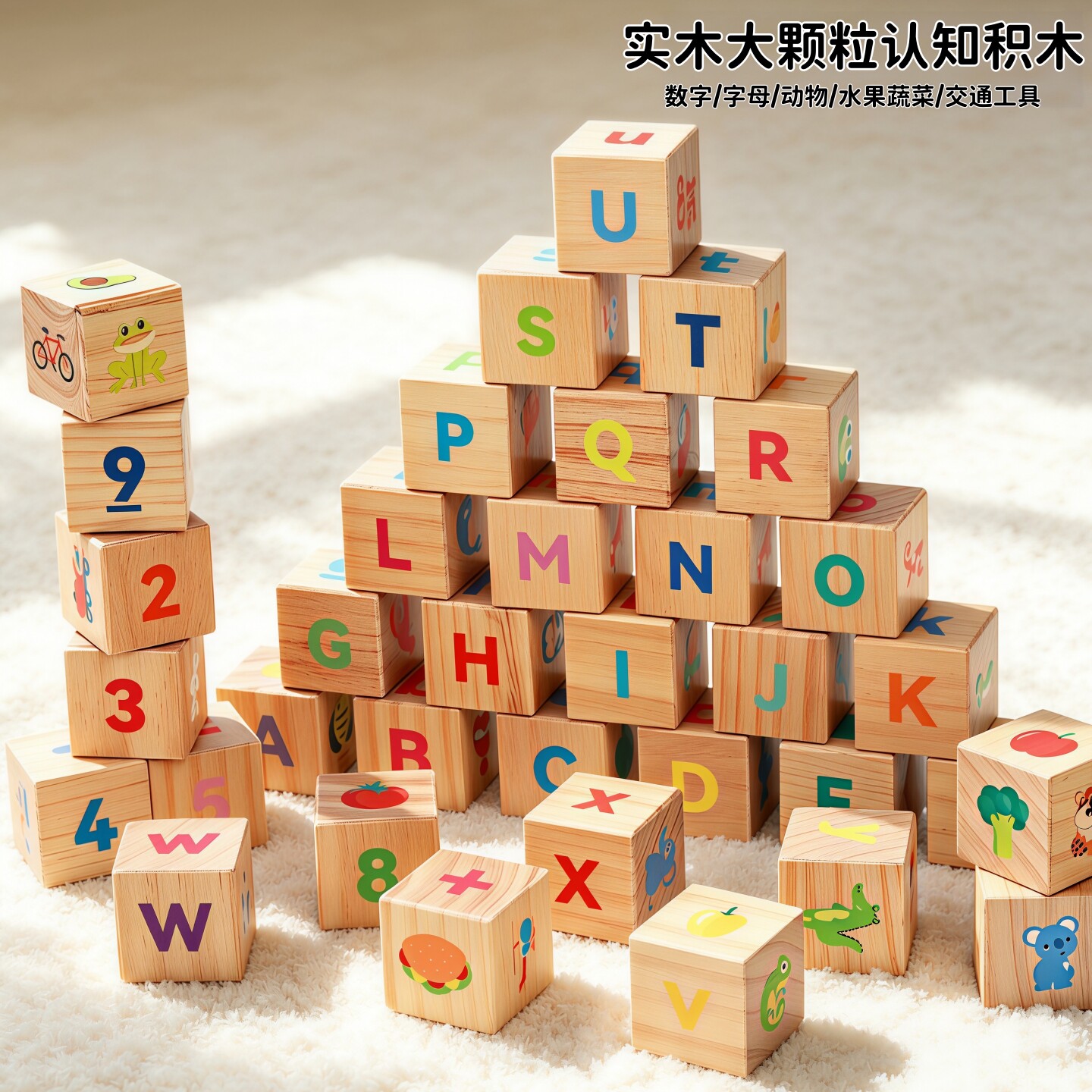实木大颗粒宝宝数字字母认知积木