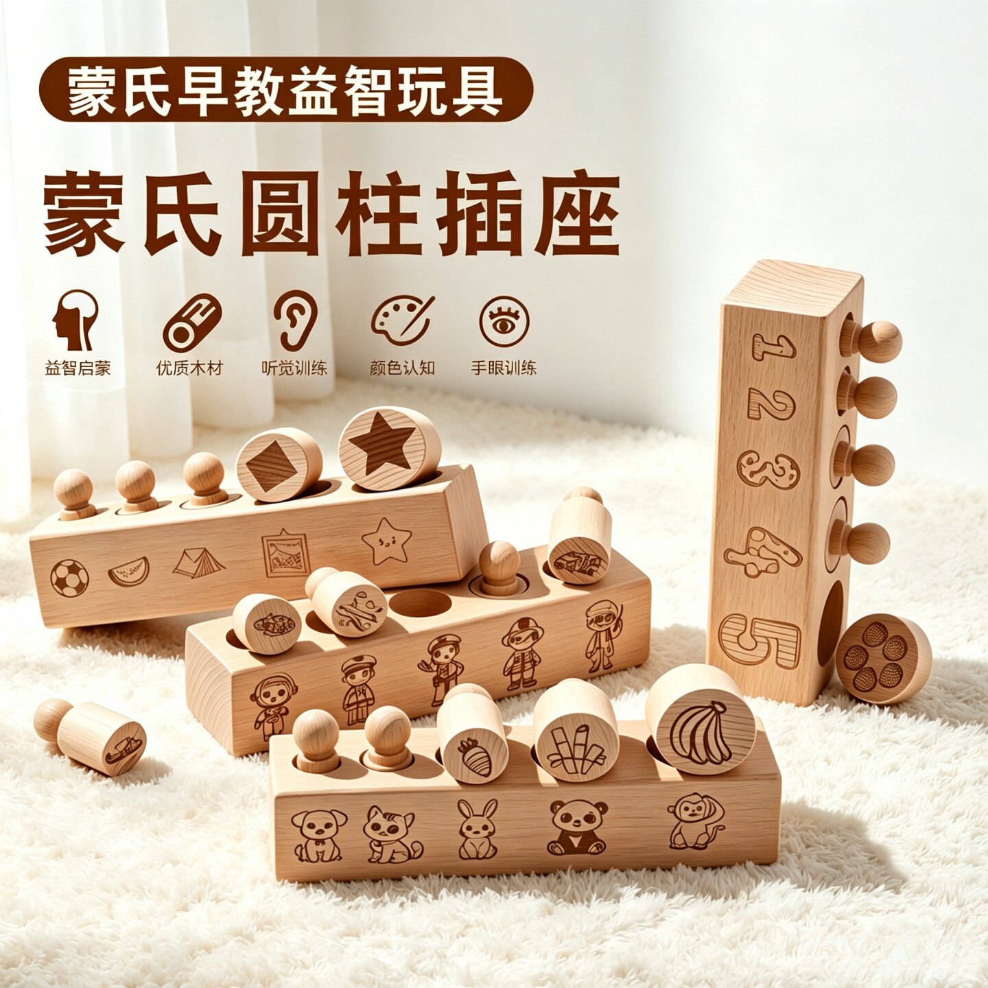 蒙氏感官教具圆柱体插座精细动作