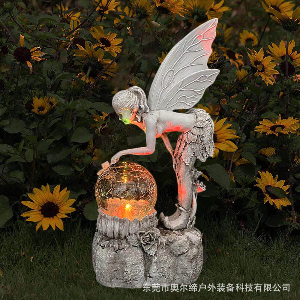 花园花仙子树脂摆件工艺品太阳能发光水晶球天使雕塑欧式装饰摆件
