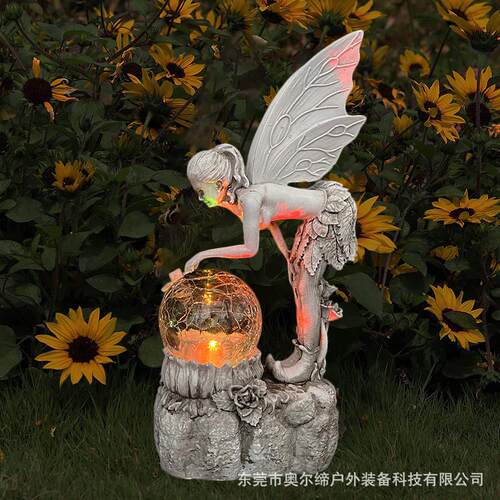 花园花仙子树脂摆件工艺品太阳能发光水晶球天使雕塑欧式装饰摆件