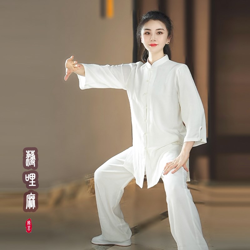 速发夏季男新款亚麻太极服七分袖武术八段锦比赛表演太极拳练功服