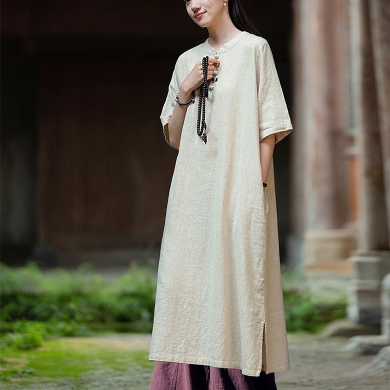 速发中国风佛系禅服中长款连衣裙新中式居士服款修行棉麻禅意袍子