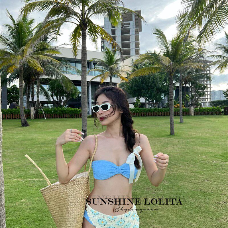 速发带蓝色比基尼多巴胺少温色泳装海边度假小胸绑天亮泉带头巾