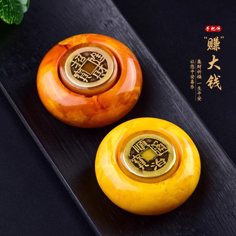 速发仿蜜蜡赚钱手把油可转动集财进宝鸡件黄原石琥珀转转文玩摆件