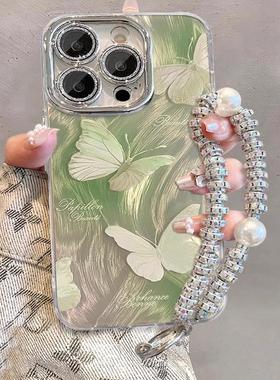 适用苹果15ProMax手机壳iphone14新款高级感羽纱绿色蝴蝶ip13全包12防摔个性小众硅胶镜头膜苹果11保护套女