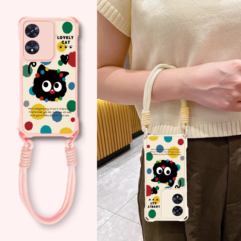 适用OPPOA97手机壳A96波点猫咪a93新女款a58个性创意A57可爱卡通A55时尚爆款A5Pro全包A3防摔A2四角挂绳壳A1