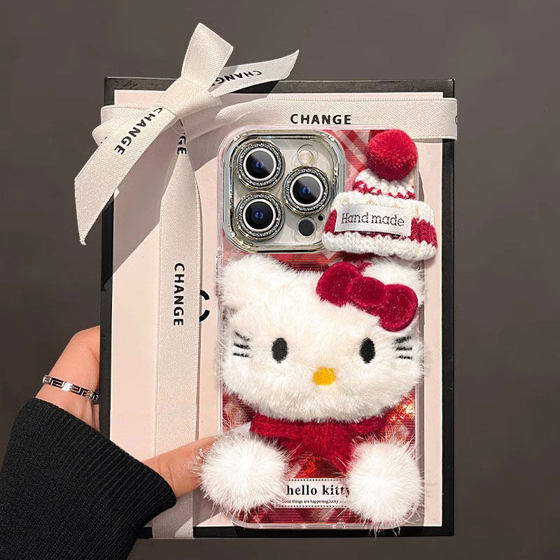 适用苹 果16promax手机保护壳iphone15新款毛绒KT猫女14promax高级感ip13矽胶12公仔11新年8全包7带挂绳XR保