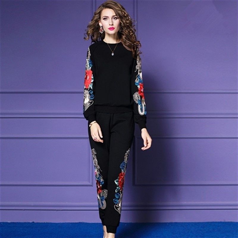 中国风牡丹刺绣运动套装女春秋红色洋气绣花大码休闲卫衣两件套裤,工业油品/胶粘/化学/实验室用品,实验室漏斗,淘宝优惠券,粉丝福利购,淘宝优惠卷