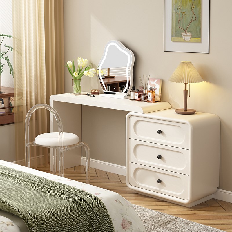 全实木奶油风梳妆台斗柜一体卧室化妆桌床尾斗柜妆台一体伸缩梳妆